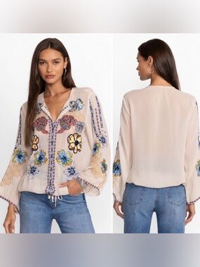 Johnny Was Dianne Embroidered Blouse Floral Boho Split Neck XS Extra Small